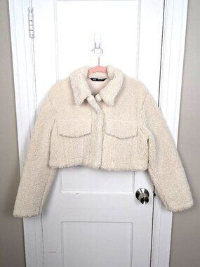 Zara Cropped Teddy Sherpa Jacket Cream Off-White Snap Button Fleece Coat L